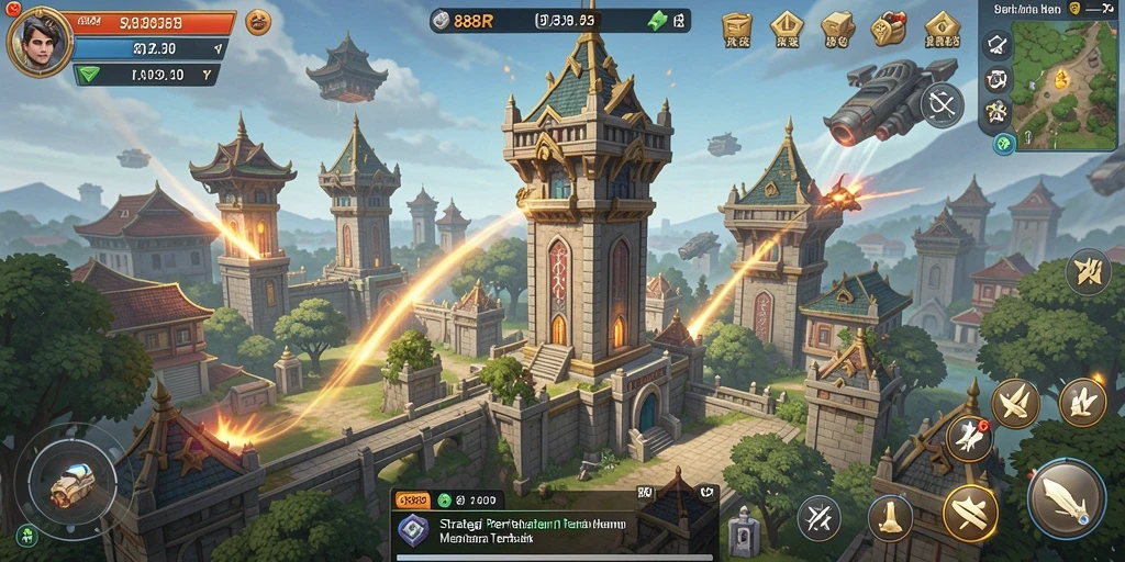 Tangkapan layar utama menunjukkan gameplay menegangkan dalam 888R Tower Defense.