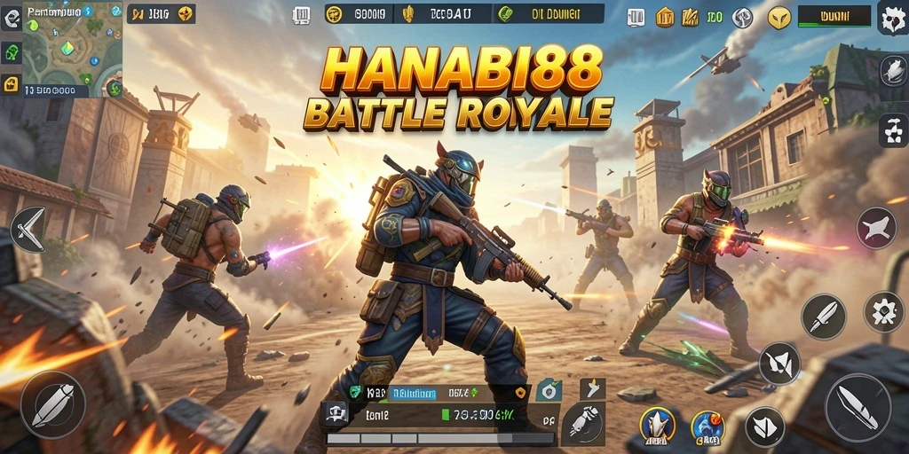 Tampilan aksi seru dari gameplay <strong>HANABI88</strong> dalam mode Battle Royale.