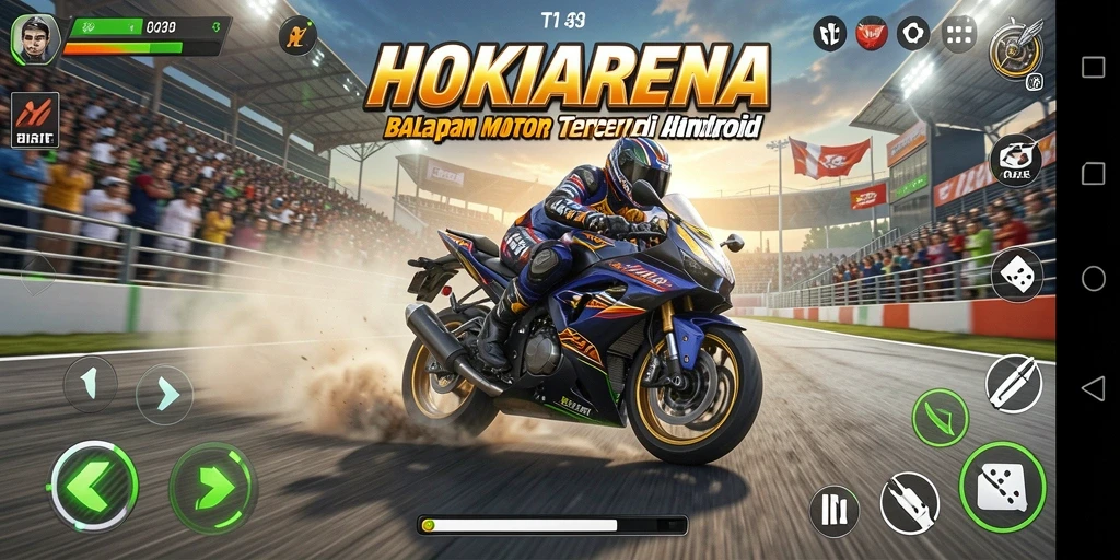 Gameplay HOKIARENA yang mendebarkan dengan balapan motor cepat.