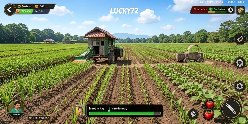 Tampilan permainan <strong>LUCKY72</strong> menunjukkan kebun yang subur dan aktivitas bertani.