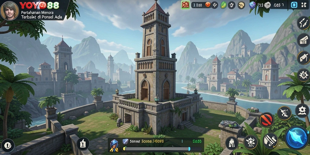 Tampilan menara dan musuh dalam gameplay Tower Defense.